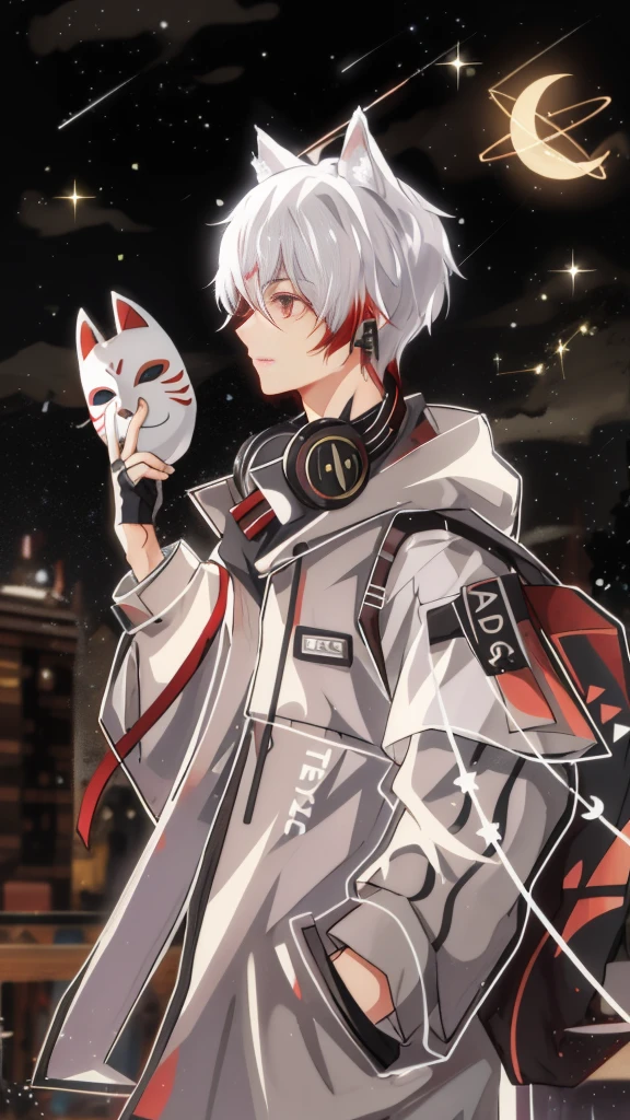 teenager with fox ears，silvery hair，Fox mask in hand，city night view，starry sky，meteor，The clothes have red decorations，Red pickaxe for dyeing hair