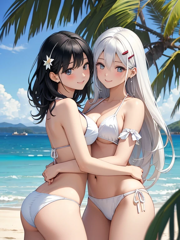 (best quality,masterpiece,Realistic:1.4)、(2girls、love each other yuri,hug),(cheek to cheek),(happy smile:1.3),(cute face:1.5),(tareme:1.3),(black hair white hair:1.3),(blue eyes,red eyes)、(kind eyes:1.3)、(stand),(short hair,long hair),(face focus:1.3,cowboy shot),(white black bikini:1.3)、(small breasts),(midsummer beach:1.3)、(hairpin:1.5),
