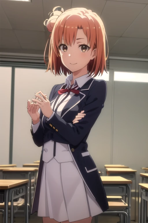 yuiyuigahama, yui yuigahama, short hair, (brown eyes:1.5), (orange hair:1.2), bun hair, single bun hair, smile,
break skirt, shirt, ribbon, , Jacket, white shirt, black Jacket, blazer, the room is expensive ,
break indoors, classroom,
break looking at viewer, (cowboy shot:1.5),
break (masterpiece:1.2), highest quality, High resolution, unity 8k wallpaper, (figure:0.8), (detailed and beautiful eyes:1.6), highly detailed face, perfect lighting, Very detailed CG, (perfect hands, perfect anatomy),