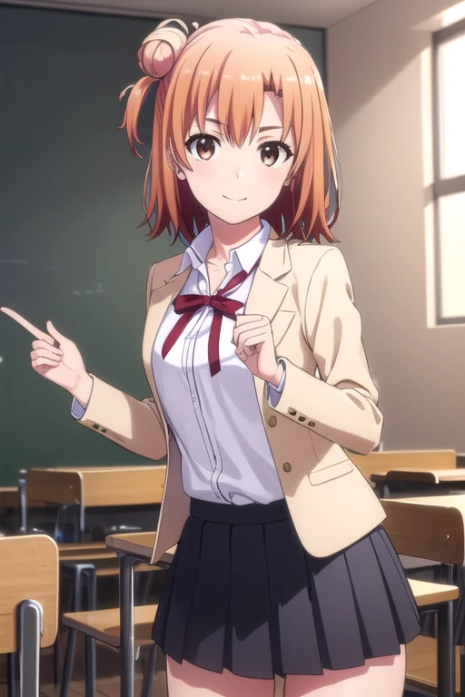 yuiyuigahama, yui yuigahama, short hair, (brown eyes:1.5), (orange hair:1.2), bun hair, single bun hair, smile,
break skirt, shirt, ribbon, , Jacket, white shirt, black Jacket, blazer, the room is expensive ,
break indoors, classroom,
break looking at viewer, (cowboy shot:1.5),
break (masterpiece:1.2), highest quality, High resolution, unity 8k wallpaper, (figure:0.8), (detailed and beautiful eyes:1.6), highly detailed face, perfect lighting, Very detailed CG, (perfect hands, perfect anatomy),