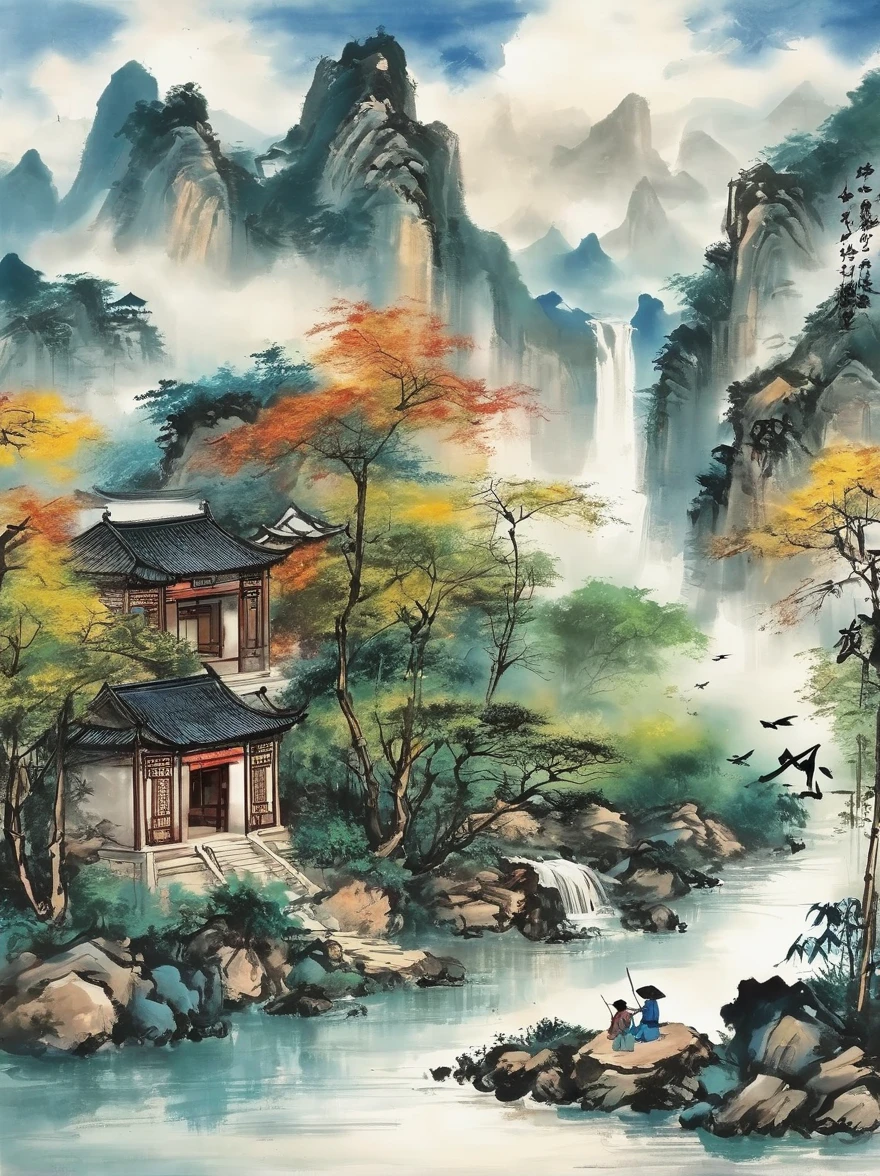 Qiman.com, a river,There is a boat in the water,There is an island on a mountain, ink painting, Chinese style,