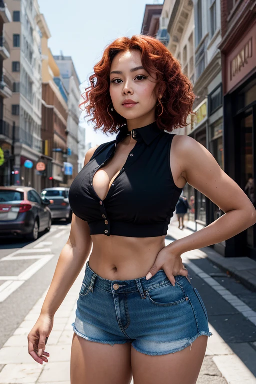 A 28-year-old adolescent woman, endowed with large breasts and a voluptuous rear, poses among kawaii girls. Sunlight filters through the day, casting a warm glow on her sculpted abs and perfect body. Her short, wavy, red hair is styled in curls, framing her small head. She wears a black blouse with a collar and a denim waistcoat. Her legs are clad in super short shorts, and she stands before a crowded city street, dressed in a black regatta top and a pair of denim jeans.
The scene is brought to life in an 8k CG paper wallpaper, displaying exquisite details