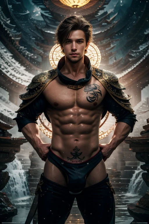 Handsome young man, 25 years old, Asia, Master's work, Best picture quality, higher quality, Highly detailed, Ultra high resolution, 8k resolution, delicate facial features, boy, Big muscles, tattoo, glowing eyes, short hair, hair details, [[Turn away, look to the side, Focus on homosexuality and pay attention to every detail. , Open Hanfu Sheer Gauze Jacket, White rubber pants, nighttime, starry sky, flying flowers. waterfall, mountain, dragon circle, Chinese patio background (((((Long, large convex crotch))))),Raise both arms.