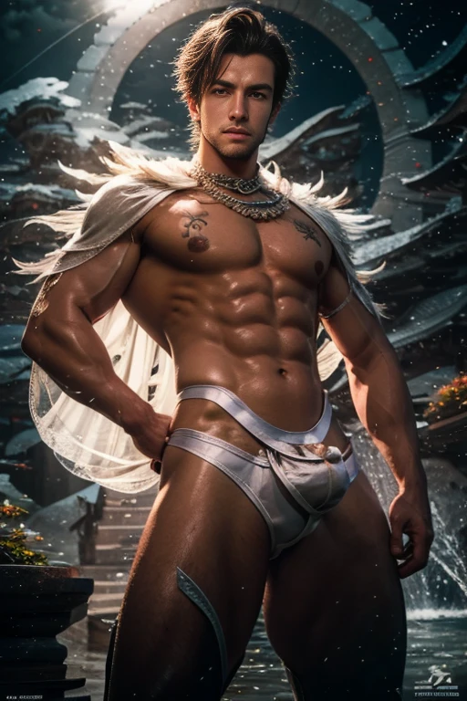Handsome young man, 25 years old, Asia, Master's work, Best picture quality, higher quality, Highly detailed, Ultra high resolution, 8k resolution, delicate facial features, boy, Big muscles, tattoo, glowing eyes, short hair, hair details, [[Turn away, look to the side, Focus on homosexuality and pay attention to every detail. , Open Hanfu Sheer Gauze Jacket, White rubber pants, nighttime, starry sky, flying flowers. waterfall, mountain, dragon circle, Chinese patio background (((((Long, large convex crotch))))),Raise both arms.