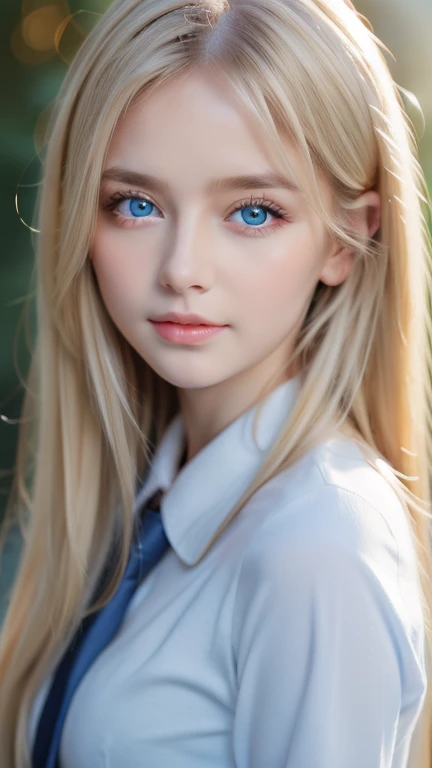 one female , super long hair, Beautiful and cute 14 year old beautiful girl、bangs on a beautiful face、very beautiful face、bright look、beautiful blue eyes, Bright and dazzling platinum blonde、long straight hair、eyebrows behind bangs、school uniform、、textured white skin, high details, best quality, 4k high resolution、Glossy skin、Big, bright light blue eyes that shine so beautifully、very big eyes、