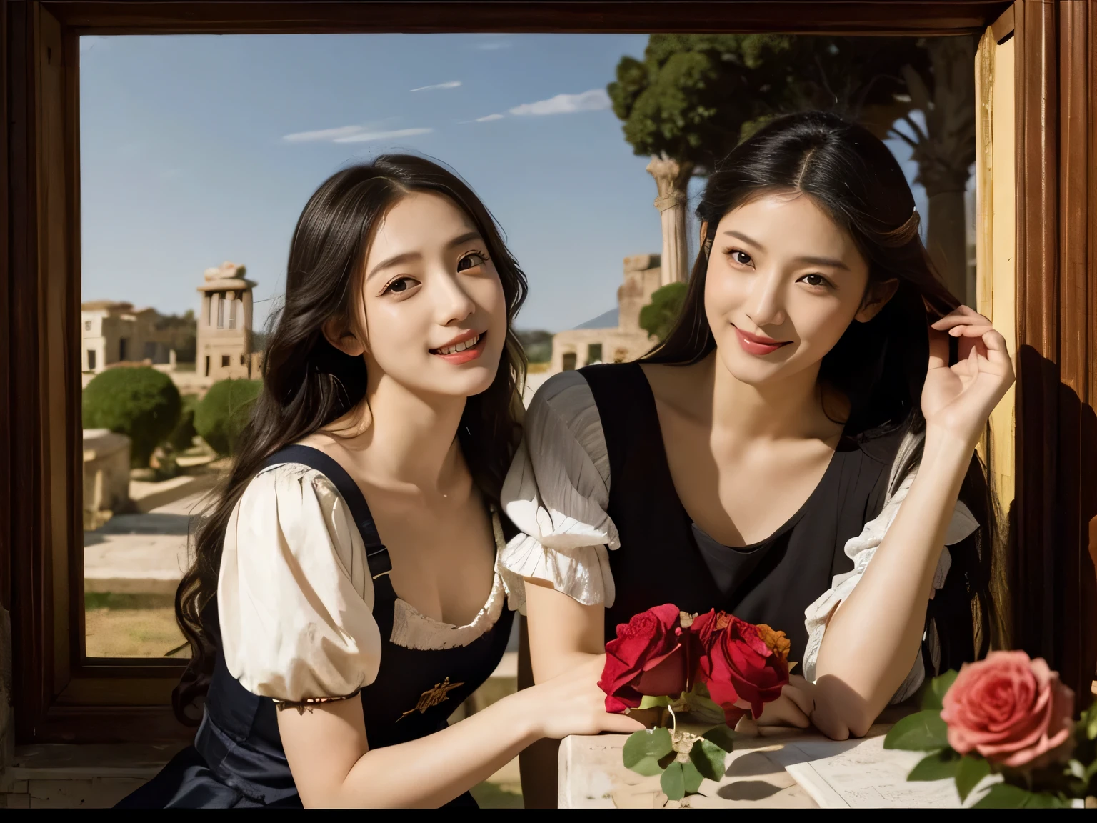 Giorgione painting style,Arguments of two female Philosophe,math、astronomical machine、astronaut、roses in vase、fruits、Cute trinkets、smile、ancient greek costume、Ancient Roman landscape in the style of Nicolas Poussin,laughter,,Sweet and seductive appearance.、Caravaggio's paintings、Chiaroscuro of Caravaggio、hair tousled by the wind,Two women frolicking,cute smile, expression of ecstasy,Sexy,erotic