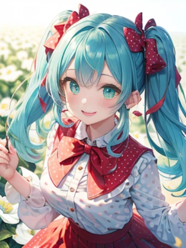 Glasses、小さなgirl、The arrival of spring、big butt、 (alone:1.5,)Super detailed,bright colors, very beautiful detailed anime face and eyes, look straight, ;shiny_skin,girl, ((gradient hair, , Half blue、half pink hair: 1.2)) 、forehead is exposed.、green eyes、shiny hair, delicate beautiful face, blush、(turquoise eyes), White skin, Valletta, earrings,、blue flower field、((ribbon、(Floral、blouse、polka dots、red skirt)))、twin tails、smile、happy face、face dyed red