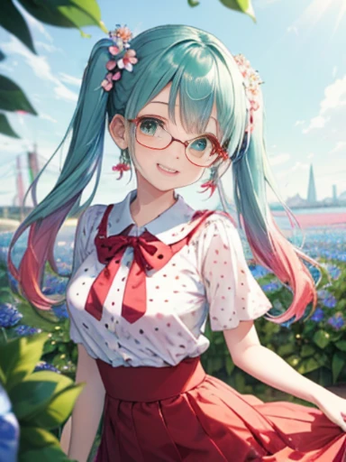 Glasses、小さなgirl、The arrival of spring、big butt、 (alone:1.5,)Super detailed,bright colors, very beautiful detailed anime face and eyes, look straight, ;shiny_skin,girl, ((gradient hair, , Half blue、half pink hair: 1.2)） 、forehead is exposed.、green eyes、shiny hair, delicate beautiful face, blush、(turquoise eyes), White skin, Valletta, earrings,、blue flower field、((ribbon、(Floral、blouse、polka dots、red skirt)))、twin tails、smile、happy face、face dyed red