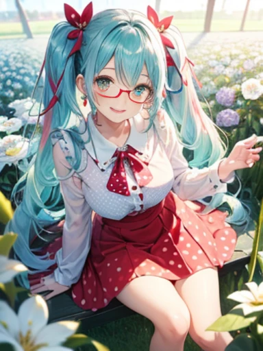 Glasses、小さなgirl、The arrival of spring、big butt、 (alone:1.5,)Super detailed,bright colors, very beautiful detailed anime face and eyes, look straight, ;shiny_skin,girl, ((gradient hair, , Half blue、half pink hair: 1.2)) 、forehead is exposed.、green eyes、shiny hair, delicate beautiful face, blush、(turquoise eyes), White skin, Valletta, earrings,、blue flower field、((ribbon、(Floral、blouse、polka dots、red skirt)))、twin tails、smile、happy face、face dyed red