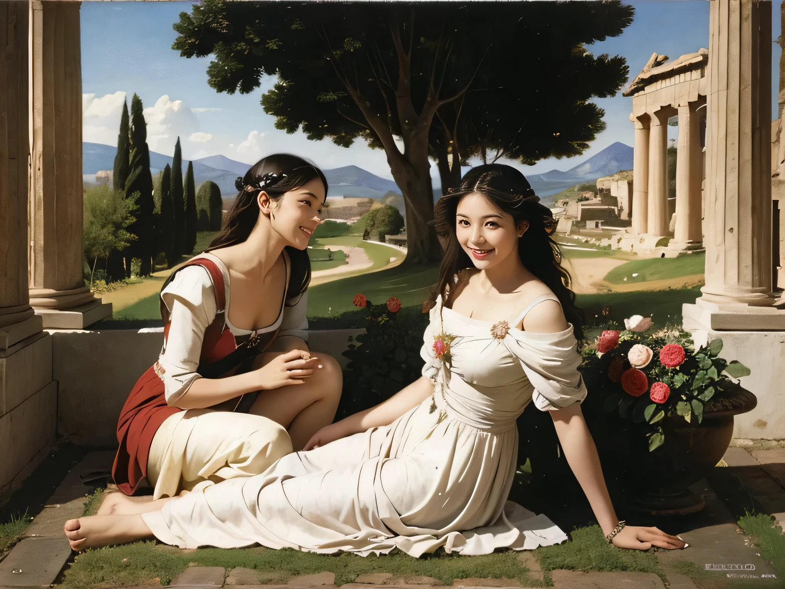 full body portrait or statue、Giorgione painting style,Arguments of two female Philosophe,math、astronomical machine、astronaut、roses in vase、fruits、Cute trinkets、smile、ancient greek costume、Ancient Roman landscape in the style of Nicolas Poussin,laughter,,Sweet and seductive appearance.、Caravaggio's paintings、Chiaroscuro of Caravaggio、hair tousled by the wind,Two women frolicking,cute smile, expression of ecstasy,Sexy,erotic