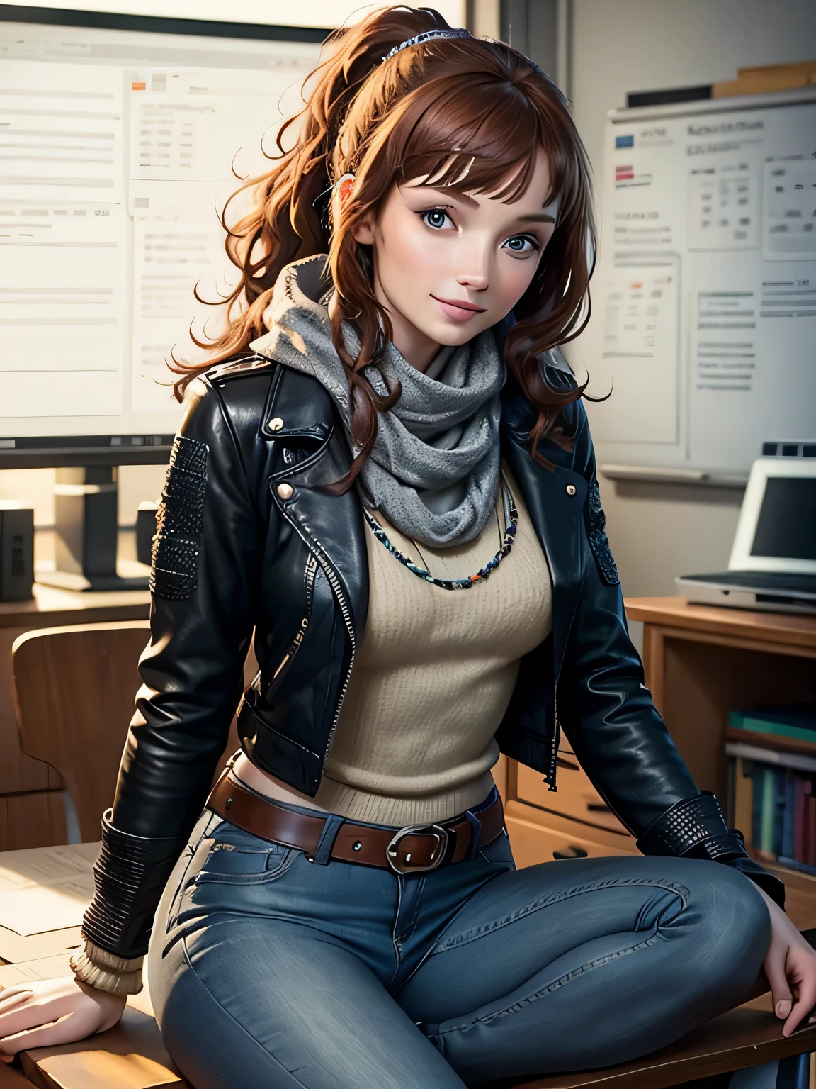 Eleanor Tomlinson, no windows, subdued lighting, black curly hair, tight jeans, seductive, smile, keffiyeh, leather jacket, rainbow-coloured jumper, jewellery, ponytail, sitting on the edge of a desk with legs crossed, computer monitor, stack of papers, whiteboard on wall