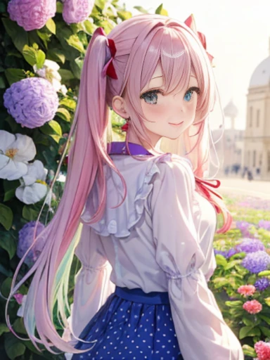 Glasses、小さなgirl、The arrival of spring、big butt、 (alone:1.5,)Super detailed,bright colors, very beautiful detailed anime face and eyes, look straight, ;shiny_skin,girl, ((gradient hair, , Half white、half pink hair: 1.2)) 、forehead is exposed.、green eyes、shiny hair, delicate beautiful face, blush、(turquoise eyes), White skin, Valletta, earrings,、blue flower field、((ribbon、(Floral、blouse、polka dots、purple skirt)))、twin tails、smile、happy face、face dyed red