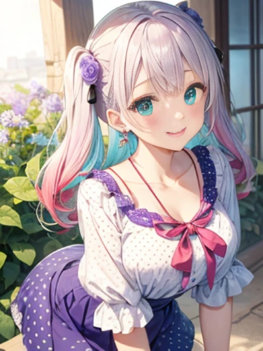 Glasses、小さなgirl、The arrival of spring、big butt、 (alone:1.5,)Super detailed,bright colors, very beautiful detailed anime face and eyes, look straight, ;shiny_skin,girl, ((gradient hair, , Half white、half pink hair: 1.2)) 、forehead is exposed.、green eyes、shiny hair, delicate beautiful face, blush、(turquoise eyes), White skin, Valletta, earrings,、blue flower field、((ribbon、(Floral、blouse、polka dots、purple skirt)))、twin tails、smile、happy face、face dyed red