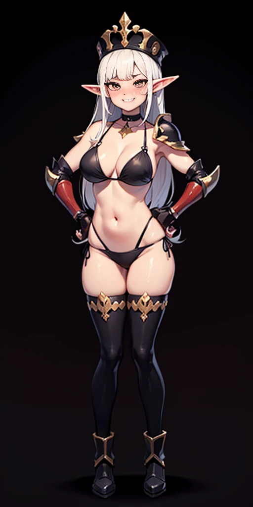 ((BLACK BACKGROUND1:2)) masterpiece, best quality, high quality, 1solo white SKIN elf, long hair, white hair, white eyes, full body, black bikini, looking at viewer, shiny, black thighhighs, high boots,shoulder armor, faulds, poleyn, gloves, gauntlets, FEET TOGETHER STANDING SYMMETRICAL, female elf big knockers cleavage bikini, black headwear, black choker collar, lustful smirking smile face red blushed red cheeks, smile, hands on hips