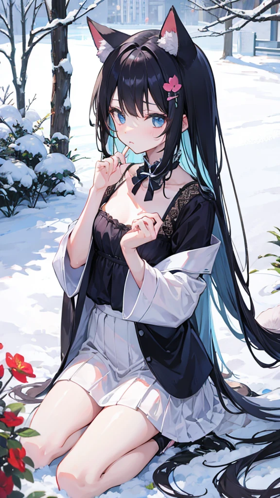 、Cat ear、tail、black hair、Small breasts、small breasts、snow、flower garden