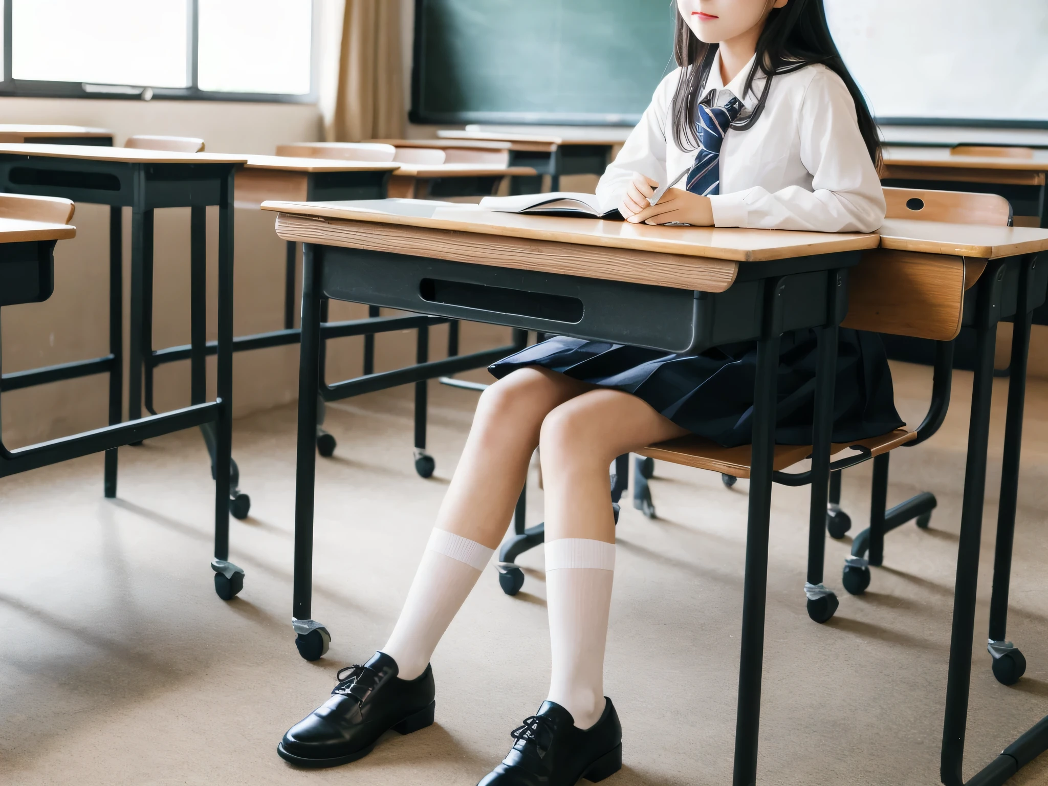 (highest quality, super detailed, figure, table top),
classroom,curtain, stockings, 1 girl,, school skirt,spread legs, Sitting in a chair facing a desk、feet are under the desk、Barely、