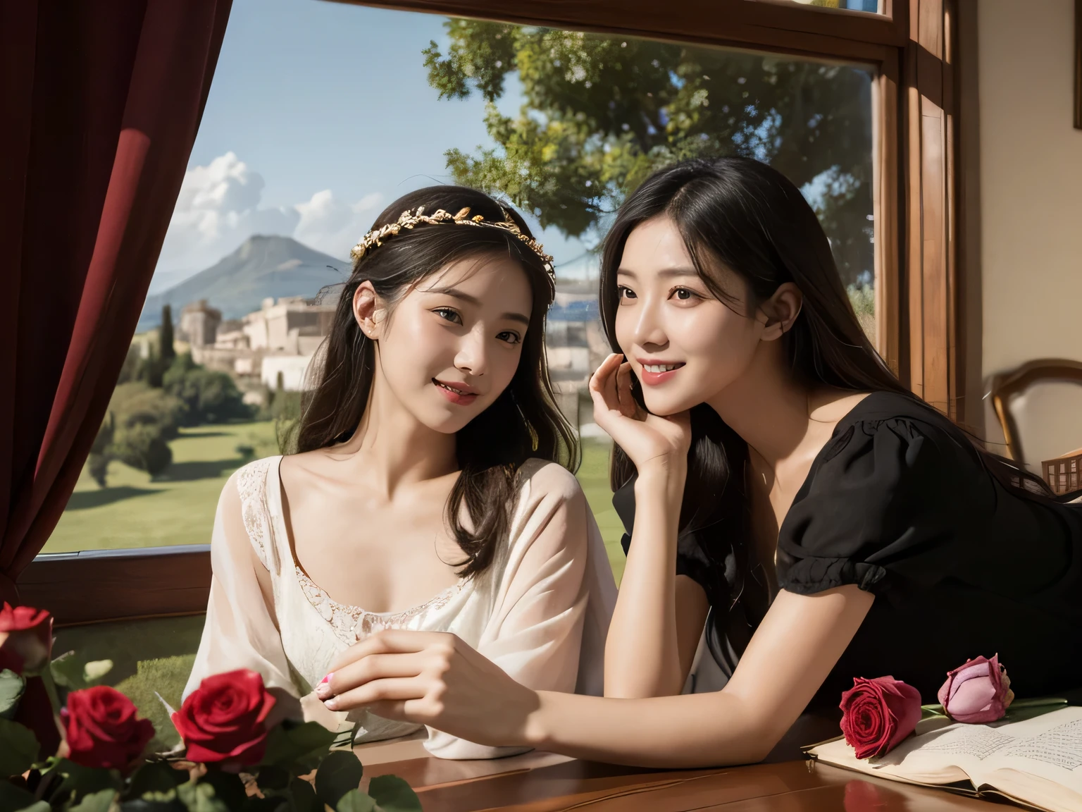 Giorgione painting style,Arguments of two female Philosophe,math、astronomical machine、astronaut、roses in vase、fruits、Cute trinkets、smile、ancient greek costume、Ancient Roman landscape in the style of Nicolas Poussin,laughter,,Sweet and seductive appearance.、Caravaggio's paintings、Chiaroscuro of Caravaggio、hair tousled by the wind,Two women frolicking,cute smile, expression of ecstasy,Sexy,erotic