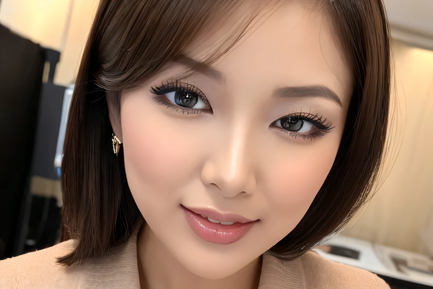 (best quality,highres), beautiful young female news anchor with a well-defined facial contour and long, flowing chestnut hair. She has incredibly detailed irises that sparkle in various shades, giving her eyes a mesmerizing allure. Her face is perfectly shaped and her skin radiates a natural glow. She possesses luscious and juicy lips, which form a captivating smile that can instantly captivate the audience. Her eyelashes are thick and voluminous, accentuating her expressive eyes. She wears elegant earrings and hair accessories, adding a touch of sophistication to her appearance. As she presents the news, her cheeks turn a charming shade of red, reflecting her enthusiasm and passion for her work. She is dressed in a sleek black mini skirt that perfectly complements her professional image. A delicate necklace adorns her neck, enhancing her graceful look. The lighting in the studio is flawlessly executed, casting perfect shadows that highlight her features. The overall anatomy and details of the news anchor are portrayed with extreme precision, creating a realistic and photorealistic representation.