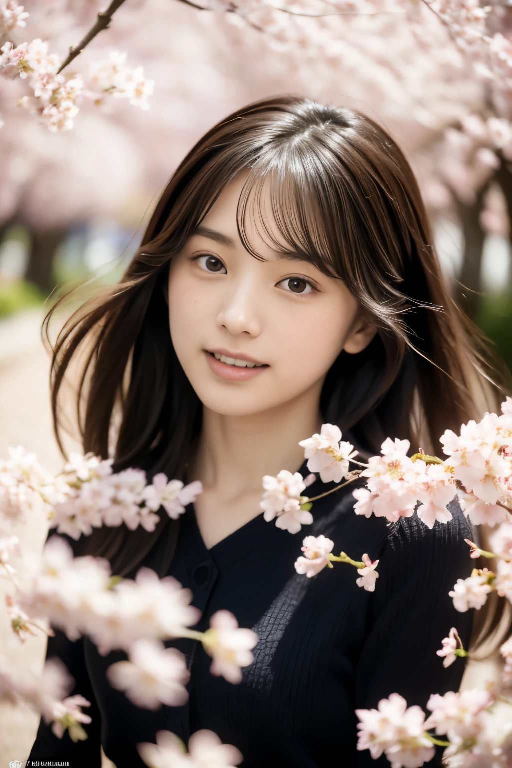 masterpiece, best quality, extremely detailed, 8k, a pretty girl, high school student, hair flowing in the wind, gracefully spreading cherry blossom trees, petals fluttering:1.3, creating a fleeting petalsstorm in the air:1.3, running hands through hair, black hair, ultra detailed face,
