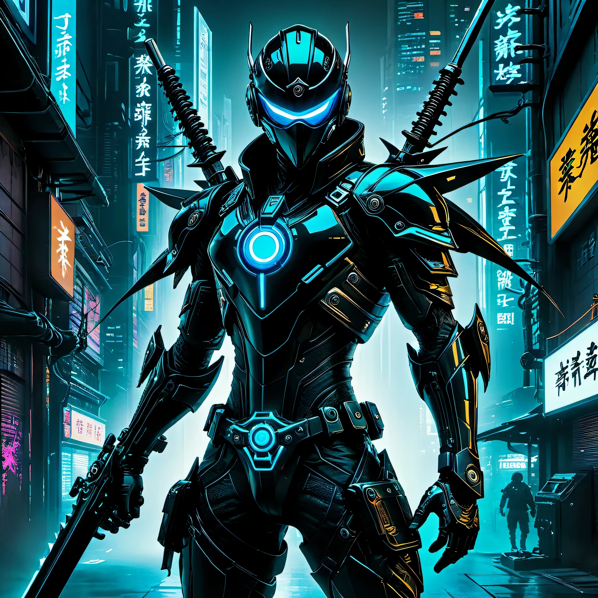 Black network gear, Ninja sword, Shuriken, Bionic arm, Network implant, Features advanced ninja tools and mechanical body modifications, Cyberpunk style city or cyberspace-like digital space, Stay vigilant at all times, Show high alert to the enemy. Melt into the darkness of night, Ambush the enemy, And move at high speed, Cool and dynamic cyberpunk, A fusion of high-tech ninja action and advanced technology depicted in a neon-lit atmosphere