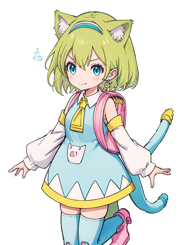 1girl,deltamon_beta, solo, blue eyes, simple background, thighhighs, long sleeves, white background, dress, animal ears, bare shoulders, blue tail, earrings,pink boots, detached sleeves, green hair, sleeveless, cat ears, bag, white dress, white thighhighs, cat tail,pink backpack,yellow delta tie,pink randseru