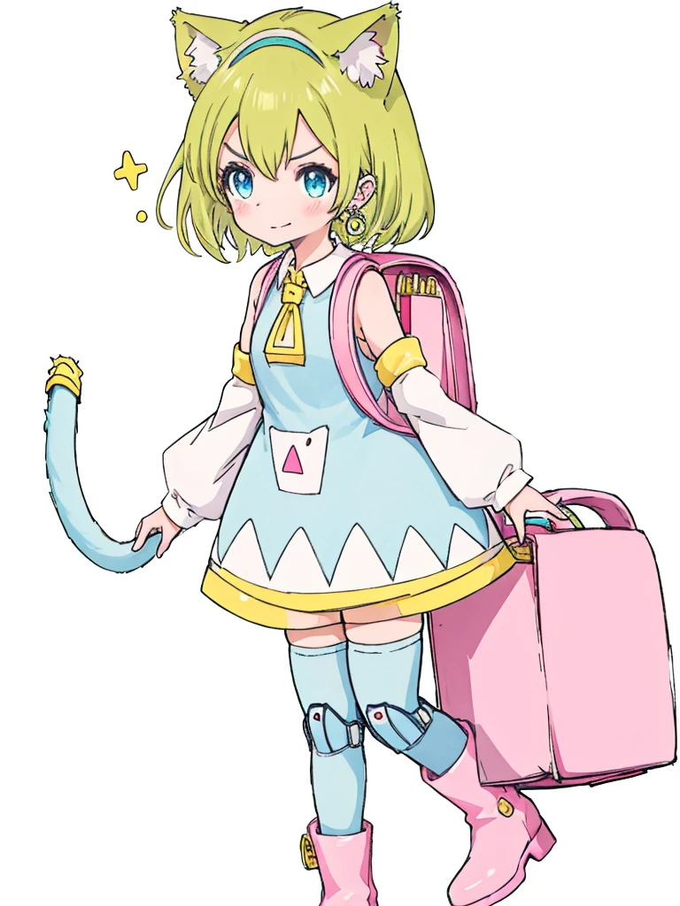 1girl,deltamon_beta, solo, blue eyes, simple background, thighhighs, long sleeves, white background, dress, animal ears, bare shoulders, blue tail, earrings,pink boots, detached sleeves, green hair, sleeveless, cat ears, bag, white dress, white thighhighs, cat tail,pink backpack,yellow delta tie,pink randseru