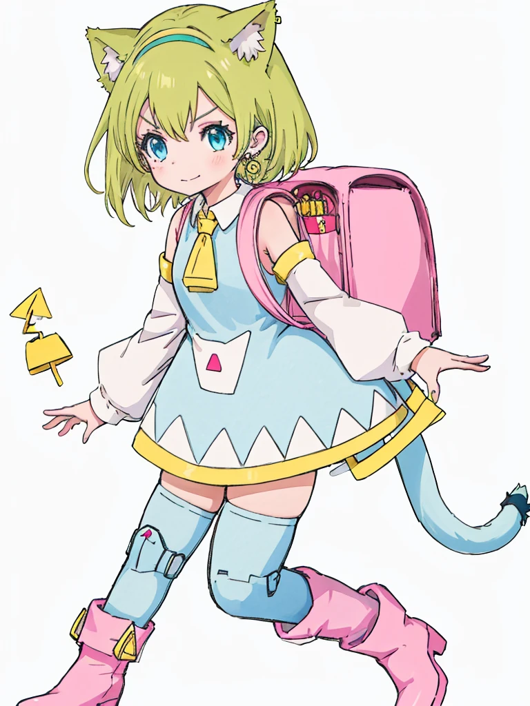 1girl,deltamon_beta, solo, blue eyes, simple background, thighhighs, long sleeves, white background, dress, animal ears, bare shoulders, blue tail, earrings,pink boots, detached sleeves, green hair, sleeveless, cat ears, bag, white dress, white thighhighs, cat tail,pink backpack,yellow delta tie,pink randseru