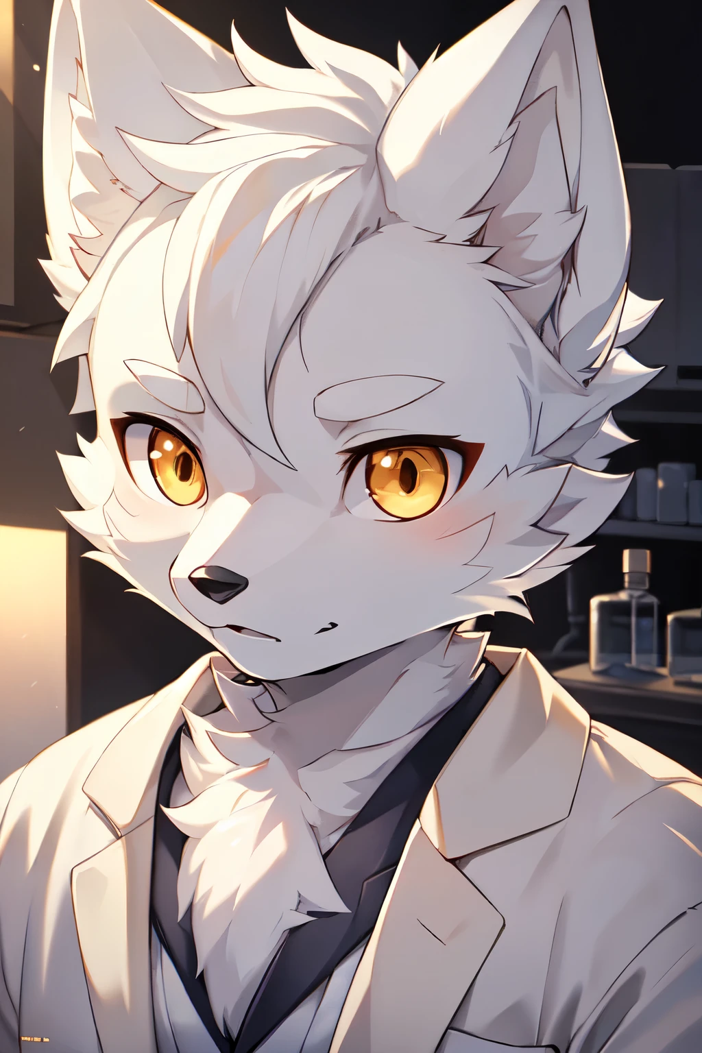 (best picture quality),(masterpiece),(((the only person))),(Super detailed),(male arctic fox:1.5), (white skin:1.3), hairy，(white fur:1.3),((golden pupils)) ,(gray ears),(hairy 动物 耳朵s)，(Wearing a white coat)，((laboratory))，doctor，protective suit，natural lighting，complex background,Detailed face，details on face，Character focus，Detailed clothes，upper part of body，depth of field，lighting perfect，sharp focus，Character close-up