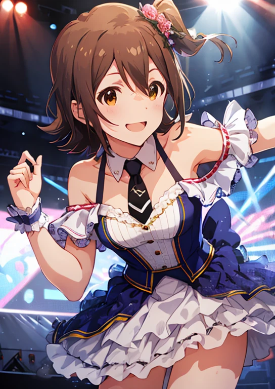 Mirai Kasuga (million live), (highest quality, 8K, masterpiece, Super detailed:1.2), (Lens flare, particles of light, shine), big breasts, smile, open your mouth, masterpiece, highest quality, Super detailed, High resolution, Very detailed CG, official art, idol costume, pink tie,white skirt, off shoulder, dancing idol, stage, sexy, panty shot, leaning forward, ass focus