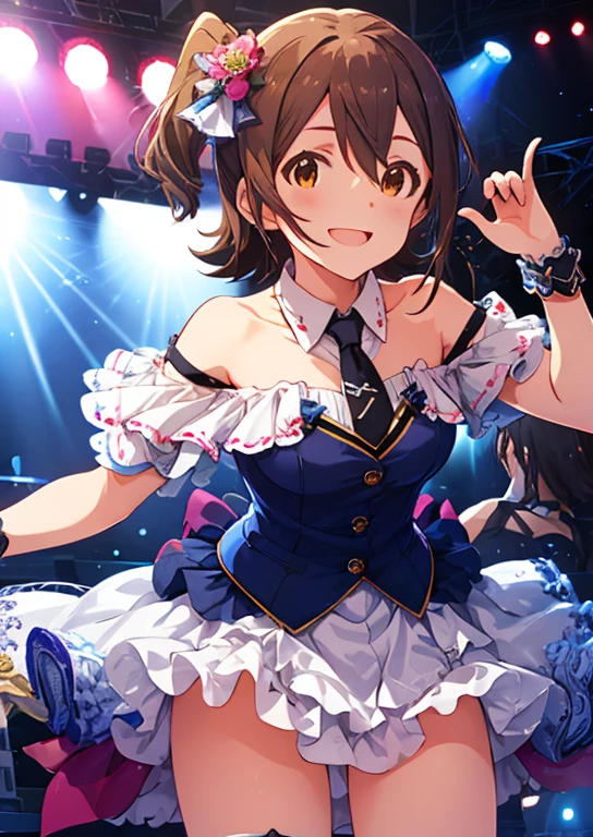 Mirai Kasuga (million live), (highest quality, 8K, masterpiece, Super detailed:1.2), (Lens flare, particles of light, shine), big breasts, smile, open your mouth, masterpiece, highest quality, Super detailed, High resolution, Very detailed CG, official art, idol costume, pink tie,white skirt, off shoulder, dancing idol, stage, sexy, panty shot, leaning forward, ass focus