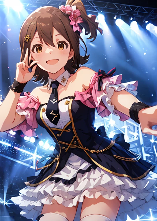 Mirai Kasuga (million live), (highest quality, 8K, masterpiece, Super detailed:1.2), (Lens flare, particles of light, shine), big breasts, smile, open your mouth, masterpiece, highest quality, Super detailed, High resolution, Very detailed CG, official art, idol costume, pink tie,white skirt, off shoulder, dancing idol, stage, sexy, panty shot, leaning forward, ass focus