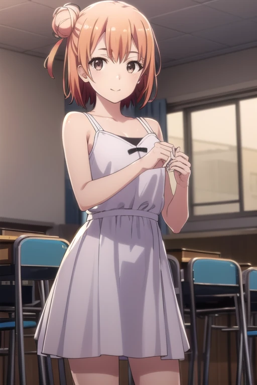 yuiyuigahama, yui yuigahama, short hair, (brown eyes:1.5), (orange hair:1.2), bun hair, single bun hair, smile, break skirt, swimsuit, the room is expensive , break indoors, classroom, break looking at viewer, (cowboy shot:1.5), break (masterpiece:1.2), highest quality, High resolution, unity 8k wallpaper, (figure:0.8), (detailed and beautiful eyes:1.6), highly detailed face, perfect lighting, Very detailed CG, (perfect hands, perfect anatomy),