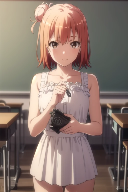 yuiyuigahama, yui yuigahama, short hair, (brown eyes:1.5), (orange hair:1.2), bun hair, single bun hair, smile, break skirt, swimsuit, the room is expensive , break indoors, classroom, break looking at viewer, (cowboy shot:1.5), break (masterpiece:1.2), highest quality, High resolution, unity 8k wallpaper, (figure:0.8), (detailed and beautiful eyes:1.6), highly detailed face, perfect lighting, Very detailed CG, (perfect hands, perfect anatomy),