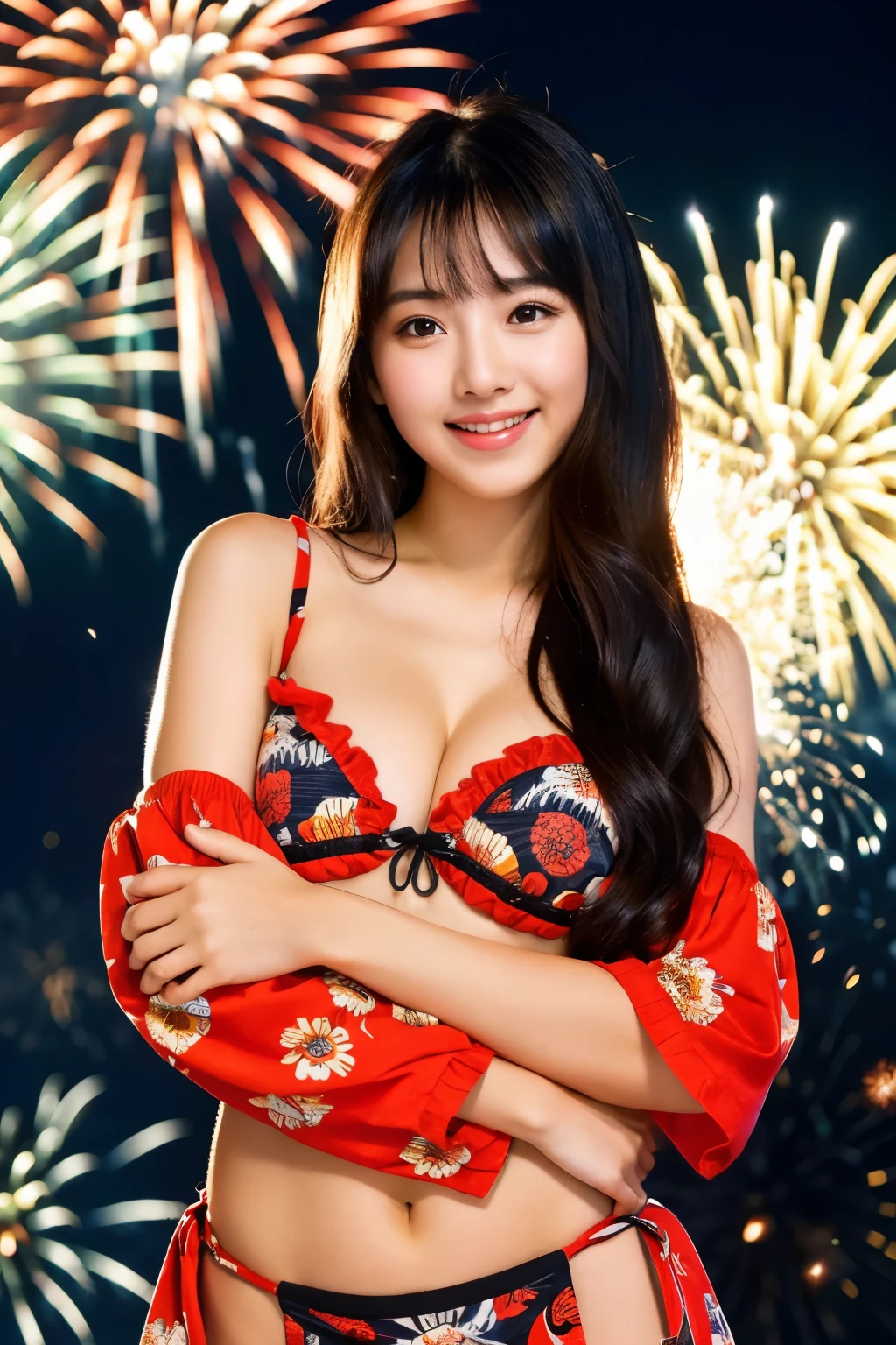 ulzzang-6500-v1.1, (Raw photo:1.2), (Photoreal), beautiful detailed girl, (genuine: 1.4), very detailed目と顔, ((red floral pattern yukata;1.3))、((fireworks on the background:1.2)), Self snap, Instagram、game_ticker, huge file size, High resolution, very detailed, highest quality, [masterpiece:1.6], enlightenment, very detailed, nffsw, finely, highest quality, 8k wallpaper, movie lighting, 1 girl, , perfect body shape, cute droopy eyes beautiful big eyeuste piece)), highest quality, eye shadow,  portrait, ((full body shot:1.4))、(very affectionate smile:1.2)、realistic skin texture、shiny skin、