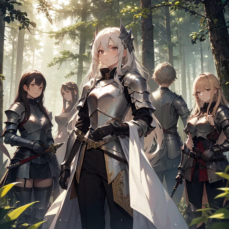 A group of female knight, (in forest), various hair styles, harem, wearing armored clothes, metal armor, night, details face, trousers, seducing, sword,