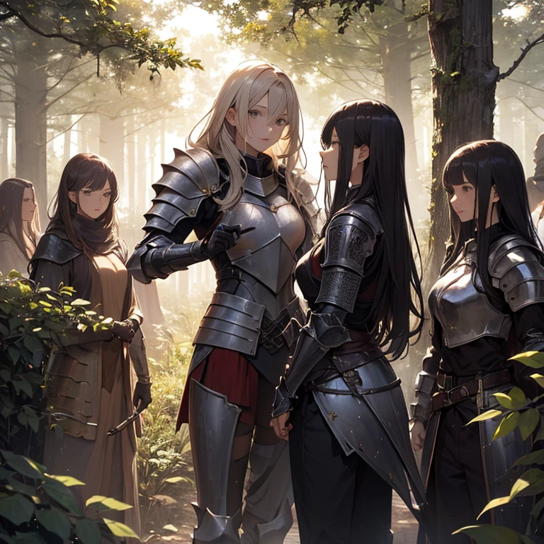 A group of  female knight, (in forest), various hair styles, harem, wearing armored clothes, metal armor, night, details face, trousers, seducing, sword, 