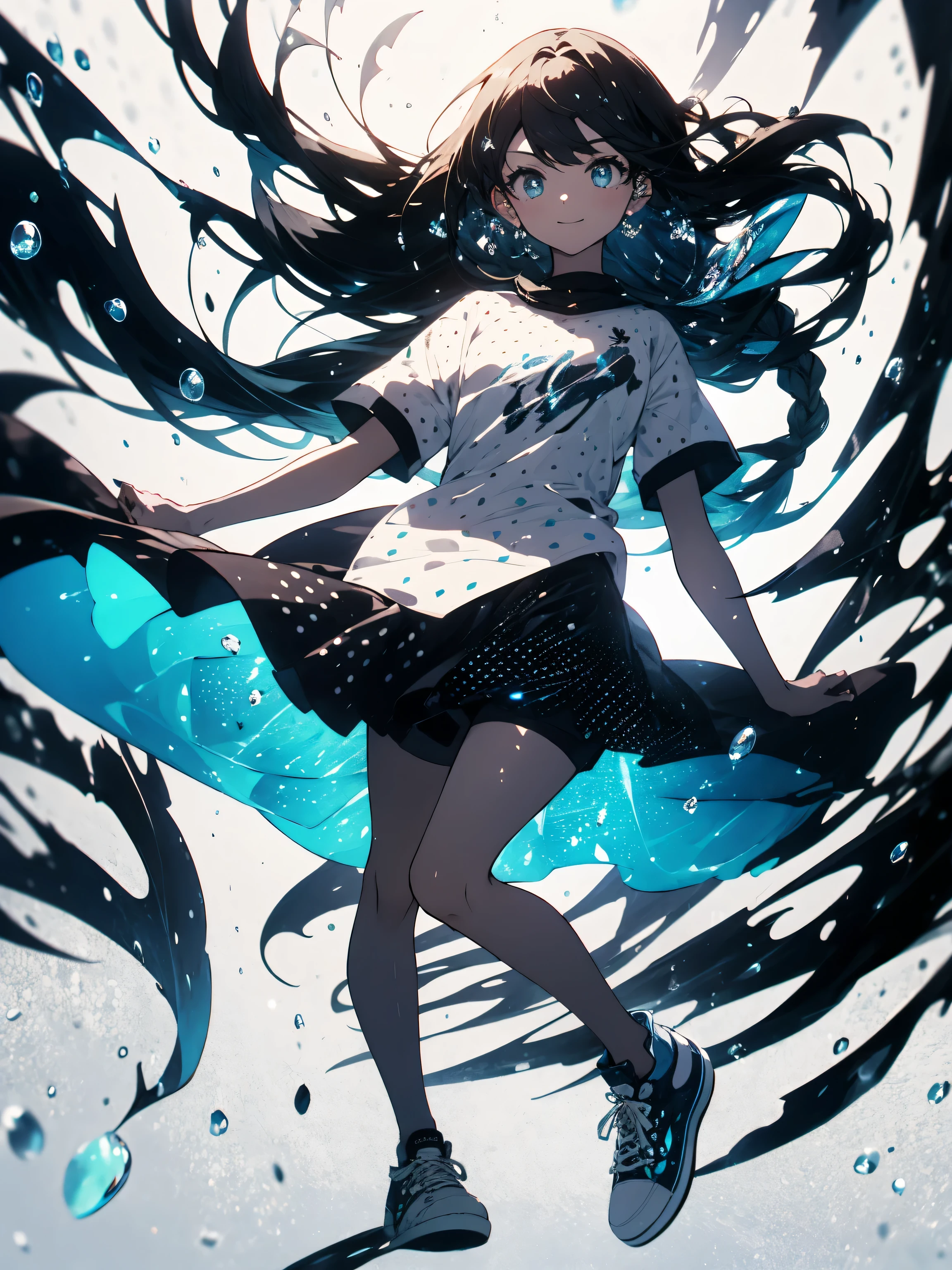 (highest quality、masterpiece、High resolution、be familiar with),(Shining eyes、detailed beautiful face)、 (1 girl), (cute smile)、(braid hair)、(mini skirt、black spats、T-shirt)、(White and polka dot sneakers:1.7)、(vivid color)、(full body:1.6)、(dynamic angle)、Active Themes、bright pop background:1.4、(beautiful anime)