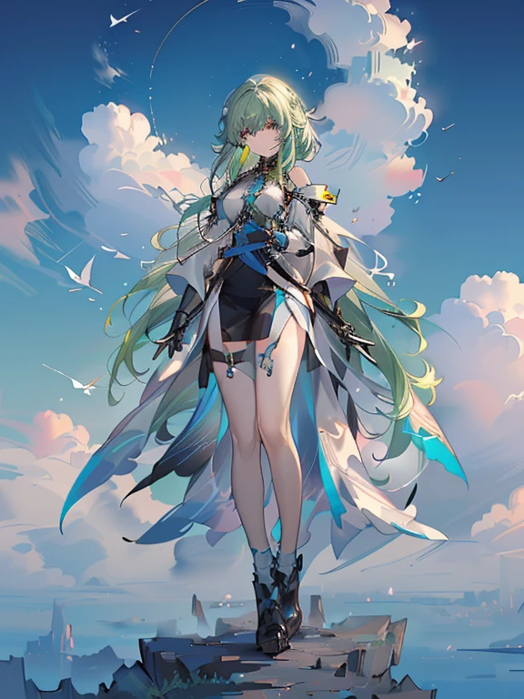 gray hair,long hair,bangs,bangs整齐,green hair band,gray eyes,girl,cute,mechanical armor,whole body,stand on the ground,fingers are not exposed,background is blue sky and white clouds