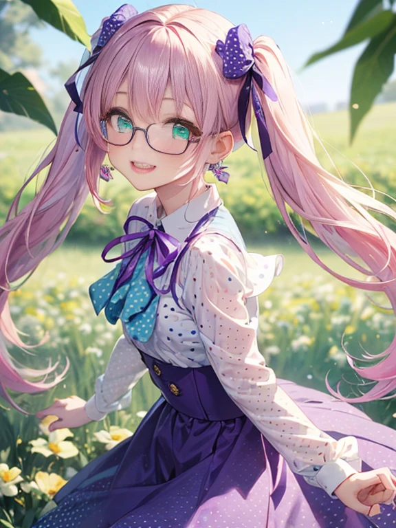 Glasses、小さなgirl、The arrival of spring、big butt、 (alone:1.5,)Super detailed,bright colors, very beautiful detailed anime face and eyes, look straight, ;shiny_skin,girl, ((gradient hair, , Half white、half pink hair: 1.2)) 、forehead is exposed.、green eyes、shiny hair, delicate beautiful face, blush、(turquoise eyes), White skin, Valletta, earrings,、blue flower field、((ribbon、(Floral、blouse、polka dots、purple skirt)))、twin tails、smile、happy face、face dyed red