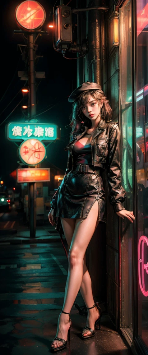 ((masterpiece, best quality, Highest image quality, High resolution, lifelike, original photo, 8K)), Alafid view from the motel,There is a World War II fighter plane parked in front, with neon lights, A woman waits for guests in front of the plane, lure, Military uniform and high heels, American female soldiers,Route 6 6, neon lights, 1 9 5 0 s United States Travel, some have neon lights, 外面neon lights, neon lights, gigantic neon lights, neon lights商店, in arnie swicker, few neon lights, neon lights in background,
