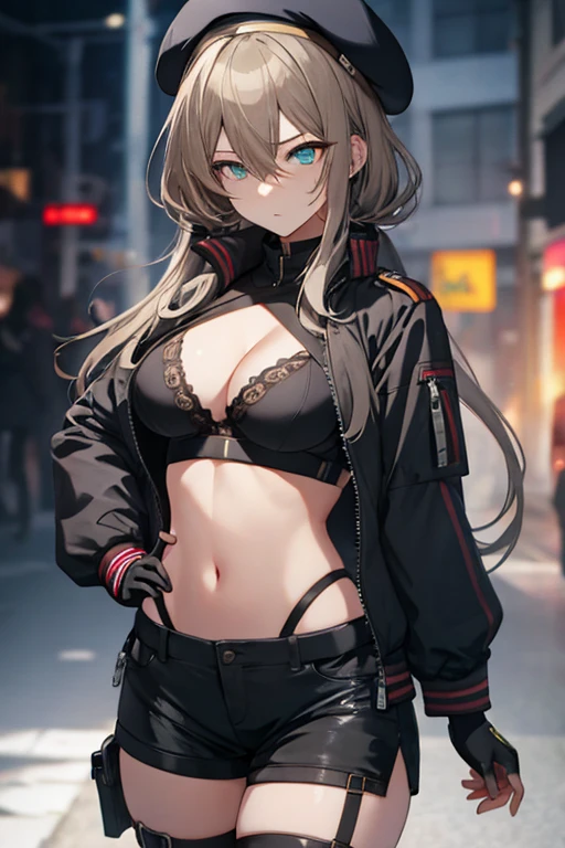 ubel,dark green hair,long hair,side ponytail,hair between eyes,bangs, BREAK (beret, black jacket, open clothes, cleavage, midriff, black shorts, black thighhighs, thigh strap, fingerless gloves, single glove:1.2) BREAK blurry background, BREAK pose, hand on hip, BREAK (masterpiece:1.2), best quality, high resolution, unity 8k wallpaper, (illustration:0.8), (beautiful detailed eyes:1.6), extremely detailed face, perfect lighting, extremely detailed CG, (perfect hands, perfect anatomy),
