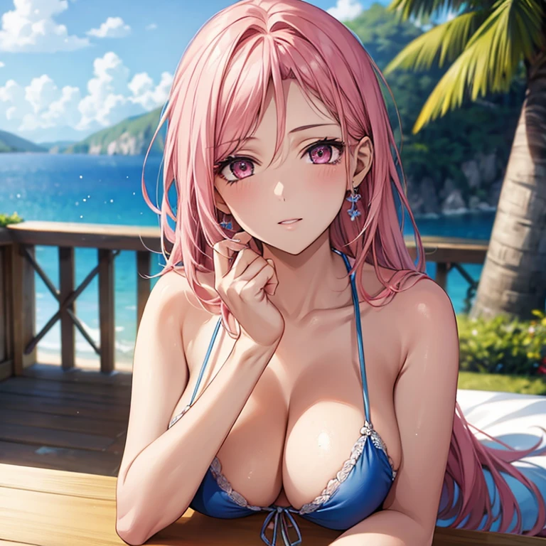 Masterpiece, highest quality, beautiful background, (sea,sky), gravure idol, sexy pose, string bikini, pink hair, pink eyes, the most beautiful woman in the world, the best style, sparkling eyes, detailed eyes, beautiful face,