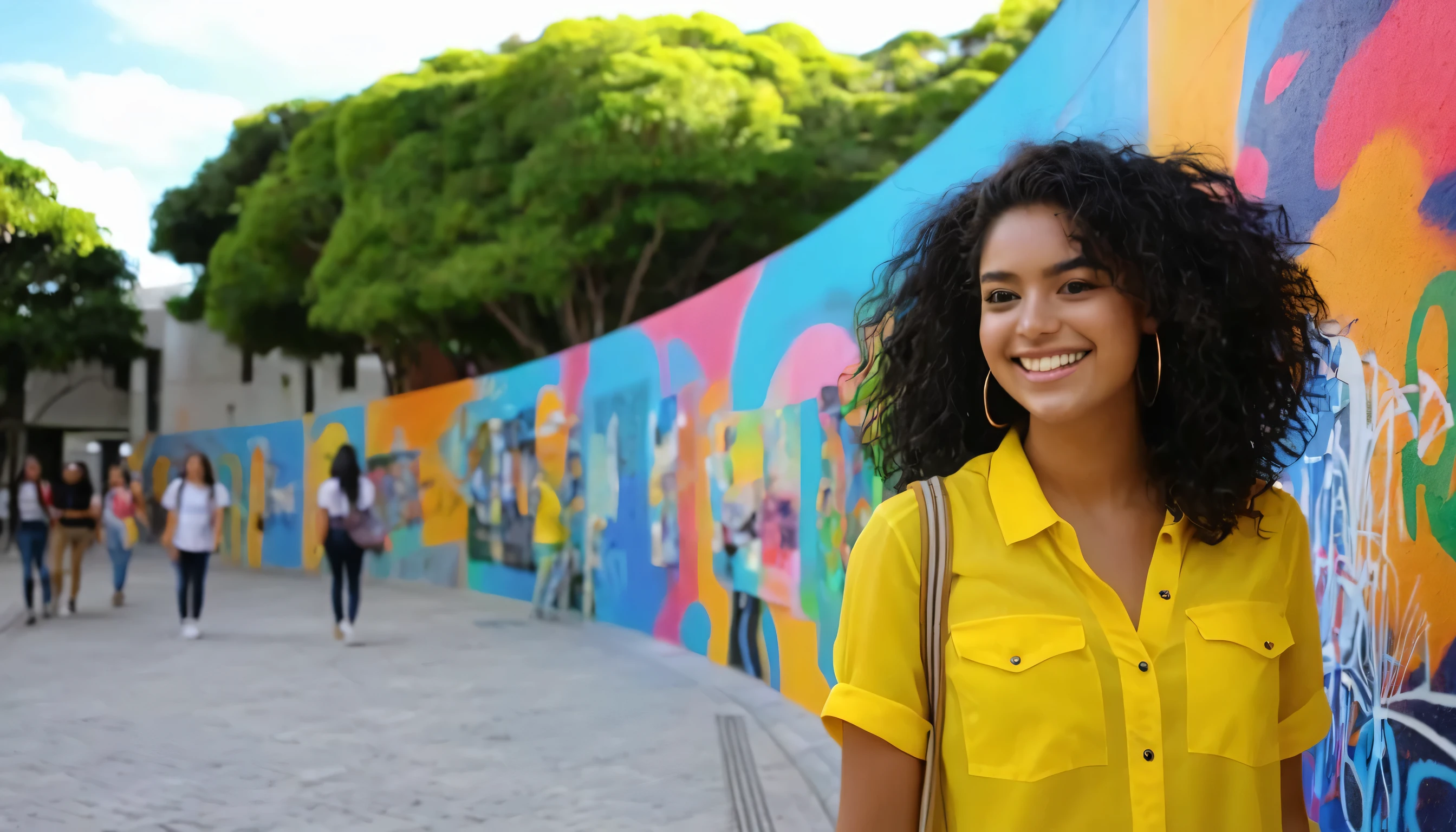 Describe a vibrant and dynamic scene of a 26-year-old Brazilian student walking across a university campus. She's wearing a yellow blouse , representando seu curso de arquiterura, and your face is lit by a contagious smile. Your hair is straight BLACK, have colorful locks that add a touch of youthfulness and creativity to your look. Enquanto ela anda, a trail of modern paintings and graffiti unfolds behind her, portraying the diversity and energy of the academic environment. Essas obras de arte expressam a multiplicidade de culturas, ideas and perspectives that flourish within the university community, creating an inspiring and lively setting. 4k