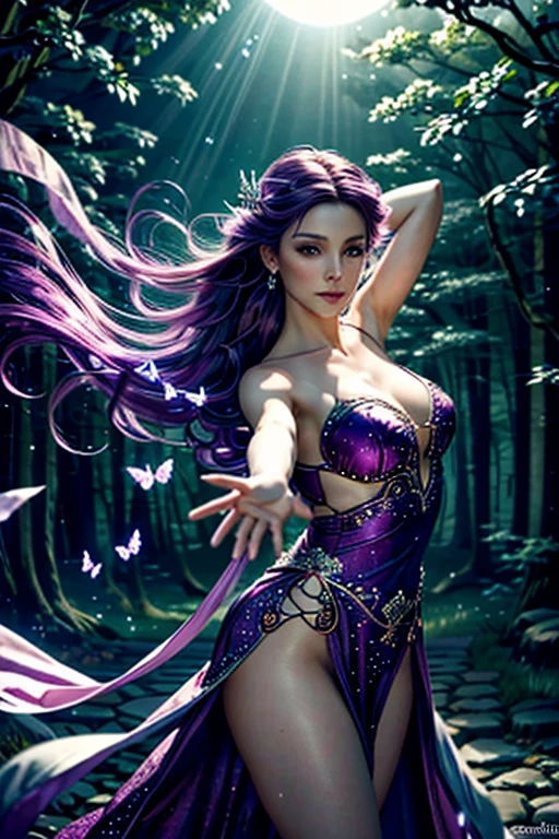 (best quality,4k,8k,highres,masterpiece:1.2),ultra-detailed,(realistic,photorealistic,photo-realistic:1.37),portrait, nerd girl,dancing,beautiful detailed eyes,beautiful detailed lips,purple-haired,sparkling wand,dynamic movement,fantasy,flowing robe,spellcasting,enchanted forest,mysterious aura,illuminated by moonlight,vibrant colors,surreal atmosphere,whimsical,dreamlike,artistic interpretation,hypnotic,ethereal light,soft focus,mystical,enchanted,spellbinding,sorceress,charming,sorcery,alluring,mesmerizing,graceful movements,enchanted dance,graceful twirls and spins,exquisite expression,lively and captivating,enchanted music,energetic,delicate and fluid,bold and confident,mesmerizing performance, butterfly magic, 
