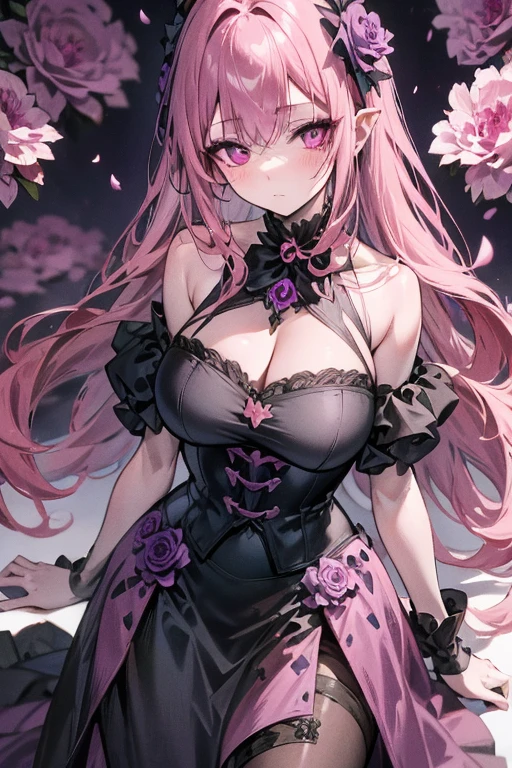 A pink haired female vampire with violet eyes with an hourglass figure in a Gothic ballgown is blushing in a flurry of peony petals