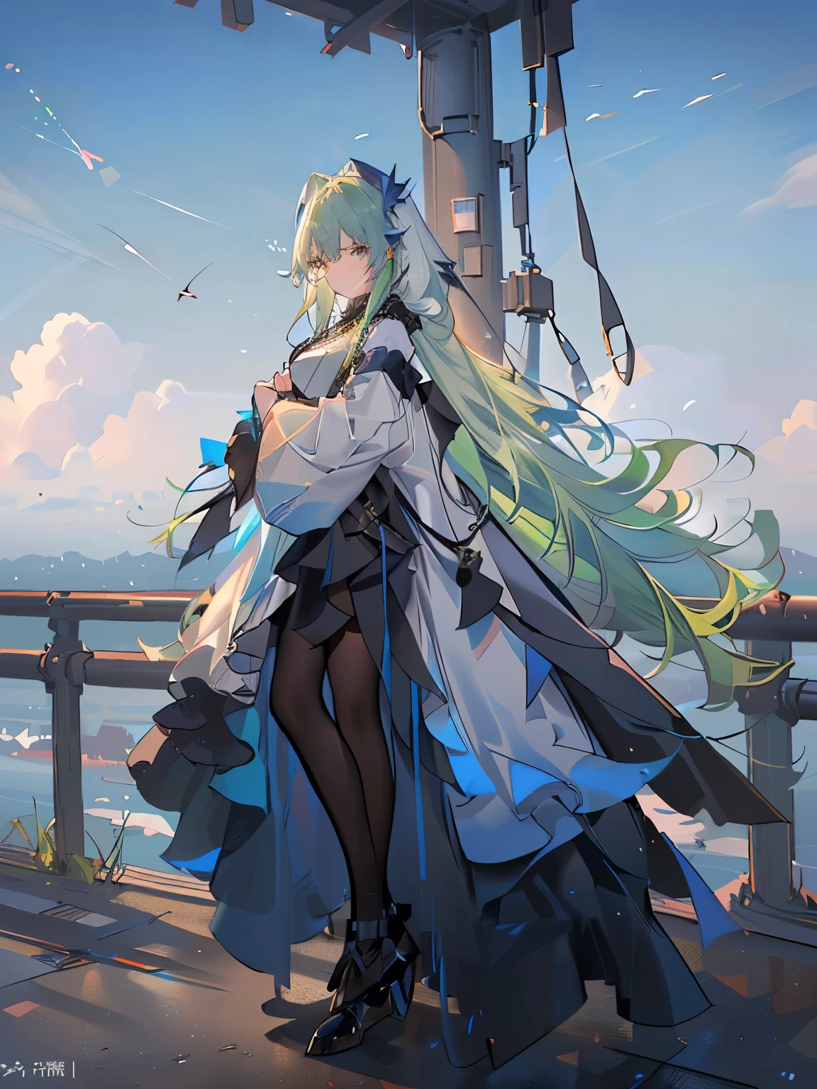 gray hair,long hair,bangs,bangs整齐,green hair band,gray eyes,girl,cute,mechanical armor,whole body,stand on the ground,fingers are not exposed,background is blue sky and white clouds