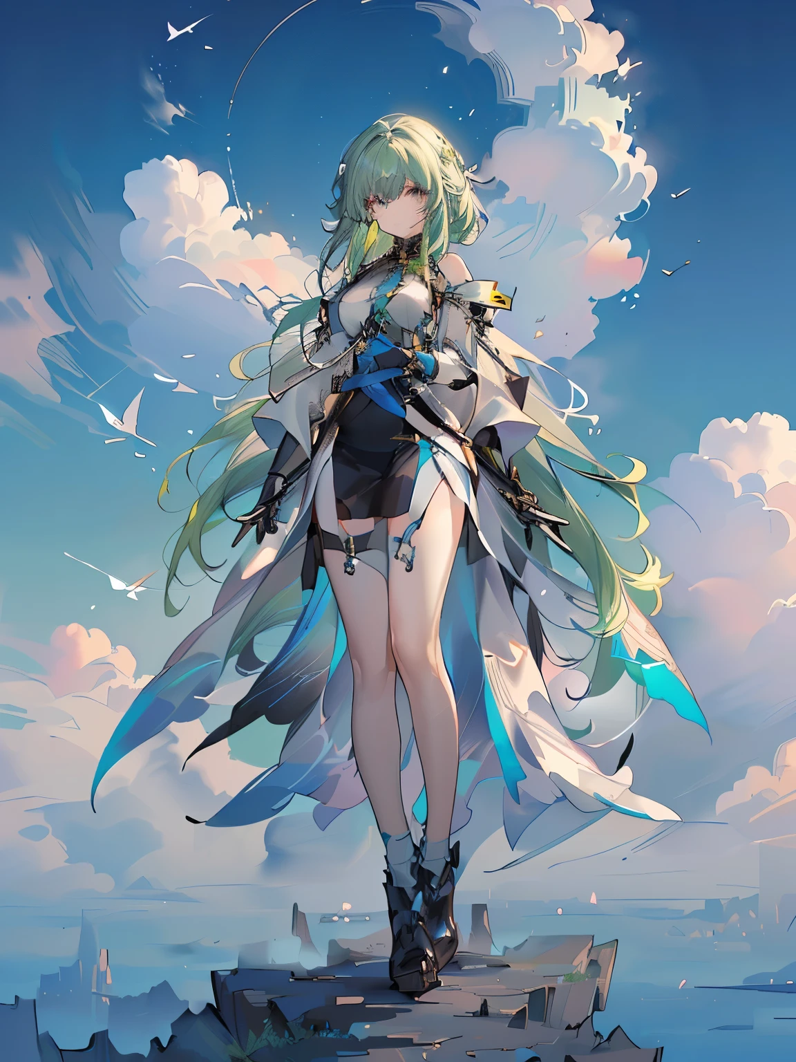 gray hair,long hair,bangs,bangs整齐,green hair band,gray eyes,girl,cute,mechanical armor,whole body,stand on the ground,fingers are not exposed,background is blue sky and white clouds