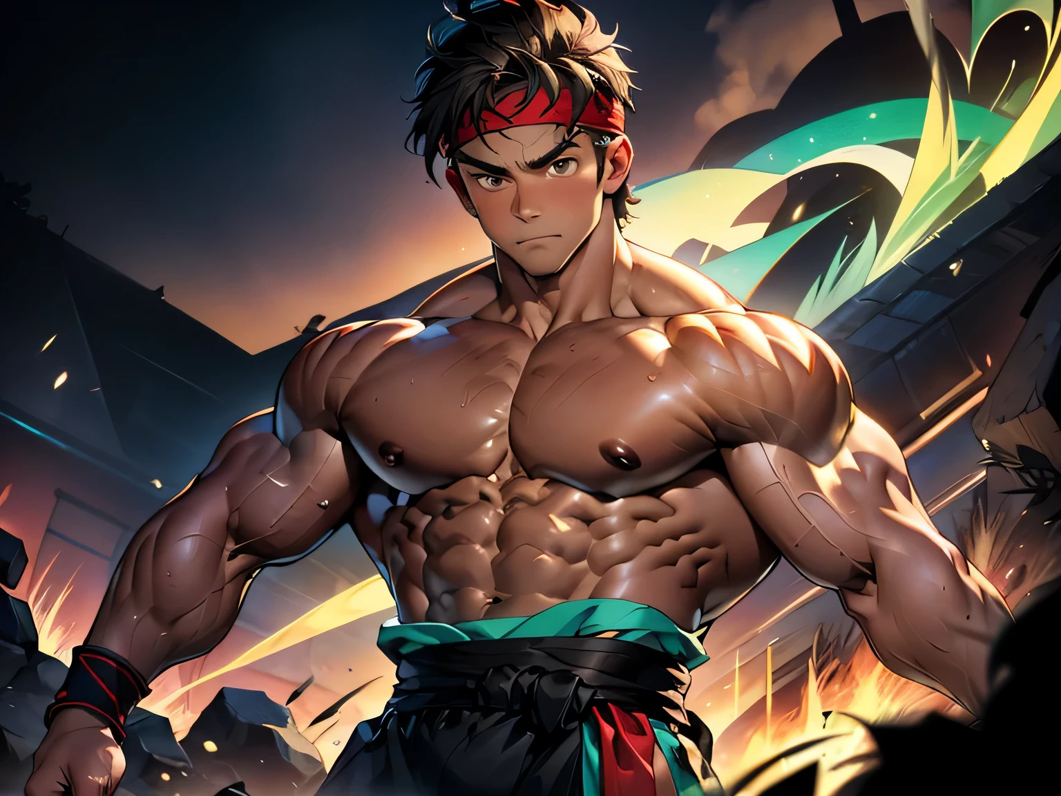 (Masterpiece, Best quality 19 year old boy, simple background, cowboy shot), solo, Young, boy, muscler, Shirtless, topless, (Dark Short straight hair, under cut, brown eyes), (red headband, ((black wristband, weist sash))), Vivid colors, (hot Abs:1.2, abs!, big abs, big breast:1.2, chest!, muscler upper arms, mighty fist), (topless male), closed mouth, serious, muscler!, muscler body, Man with martial arts stance, (aura power:1.4), detailed face, detailed muscle, (((A magical turquoise mystical aura graces his upper body, random fighting pose, aggressive, powerful, action, rippling muscles)))