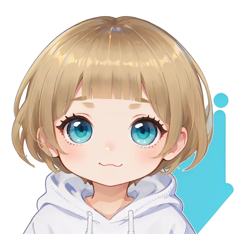 blonde hair, short mash hair, The bangs are even, turquoise eyes, wearing a plain white hoodie, headshot, chibi, ((white background)), twitch emote, emote, head only, :3, (masterpiece:1.2, best quality:1.2), ((masterpiece)), (((best quality))), ((ultra-detailed)), ((illustration)), anatomy、narrow eyes、narrow your eyes、some fishing eyes