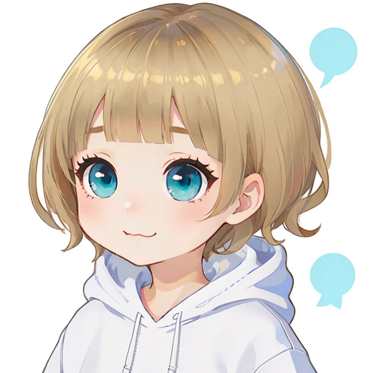 blonde hair, short mash hair, The bangs are even, turquoise eyes, wearing a plain white hoodie, headshot, chibi, ((white background)), twitch emote, emote, head only, :3, (masterpiece:1.2, best quality:1.2), ((masterpiece)), (((best quality))), ((ultra-detailed)), ((illustration)), anatomy、narrow eyes、narrow your eyes、some fishing eyes